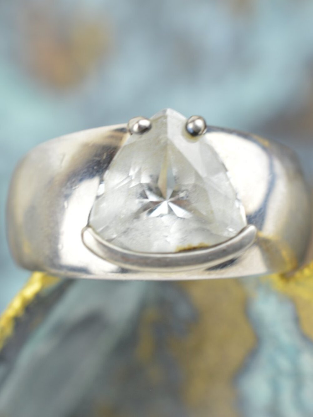 Vintage HAN 925 Ring Sterling Silver Trillion Cut CZ Modernist Statement Sz 7.75